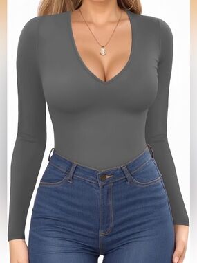 Ekouaer Womens Deep V Neck Long Sleeve T-Shirt Slim Fit Stretchy Top Gray NWT